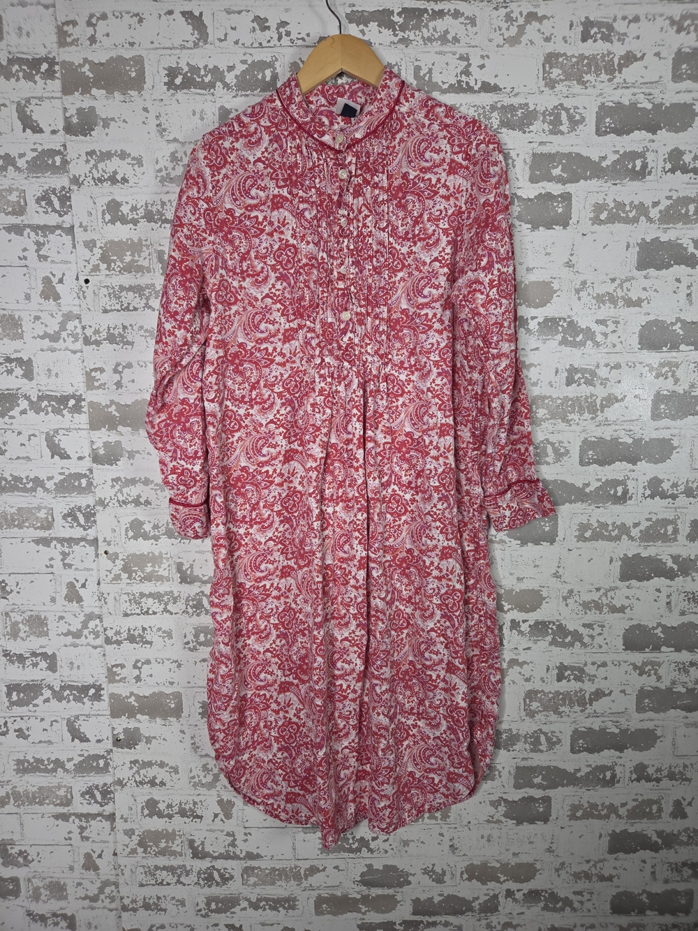 Paisley Boho Tunic Shirt Dress Long Sleeve Pintuck Pleat Button S/M